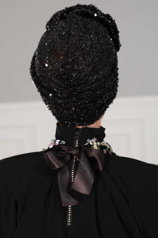 Rose Combed Cotton Bearded Sequin Bonnet,B-21SK Black - 6