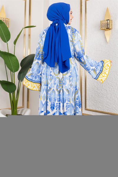 Hale Viskon Elbise MAVİ - Thumbnail