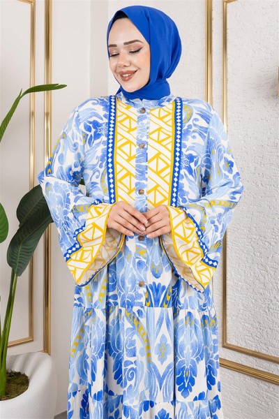 Hale Viskon Elbise MAVİ - Thumbnail