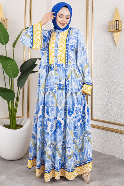 Hale Viskon Elbise MAVİ - Thumbnail