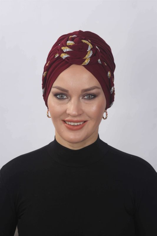 Hazır Simli Dolama Örgülü Bordo - 1