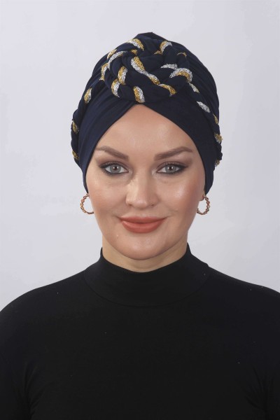 Hazır Simli Dolama Örgülü Lacivert - 2