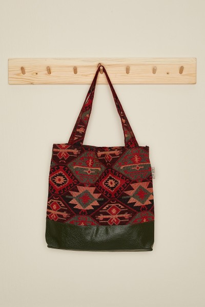 Moda Çizgi - İki Renkli Desenli Günlük Çanta,CK-1A Kilim 1 Desen - Petrol Yeşili