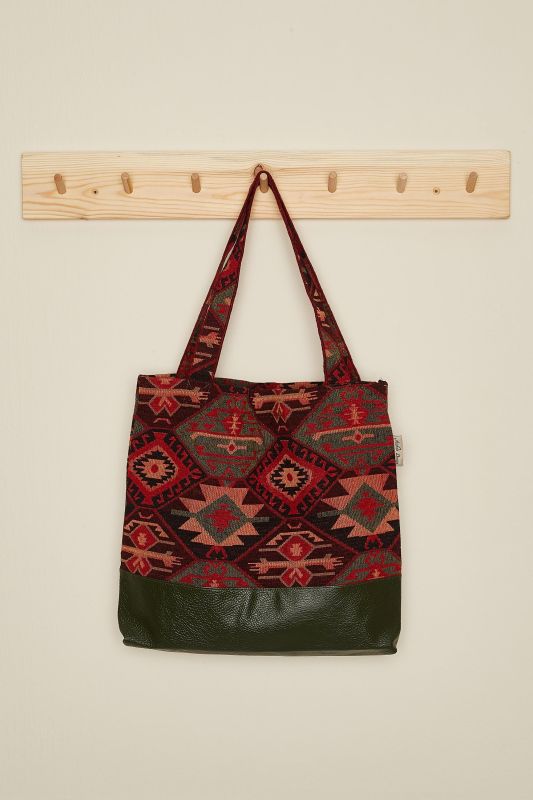 İki Renkli Desenli  Günlük Çanta,CK-1A Kilim 1 Desen - Petrol Yeşili - 1
