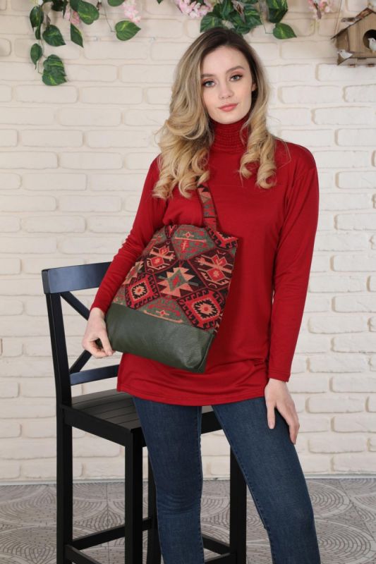 İki Renkli Desenli  Günlük Çanta,CK-1A Kilim 1 Desen - Petrol Yeşili - 2