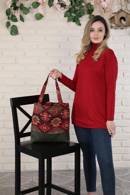 İki Renkli Desenli  Günlük Çanta,CK-1A Kilim 1 Desen - Petrol Yeşili - 3