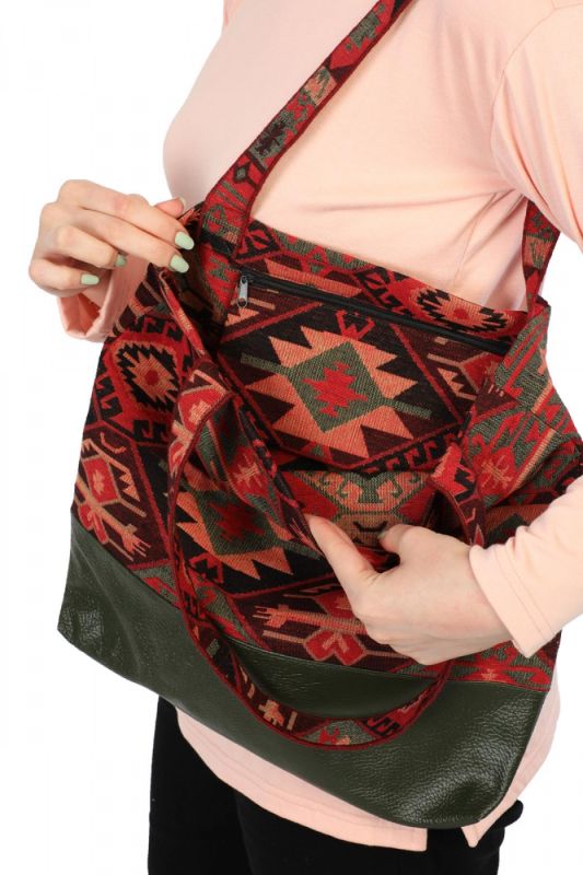 İki Renkli Desenli  Günlük Çanta,CK-1A Kilim 1 Desen - Petrol Yeşili - 4
