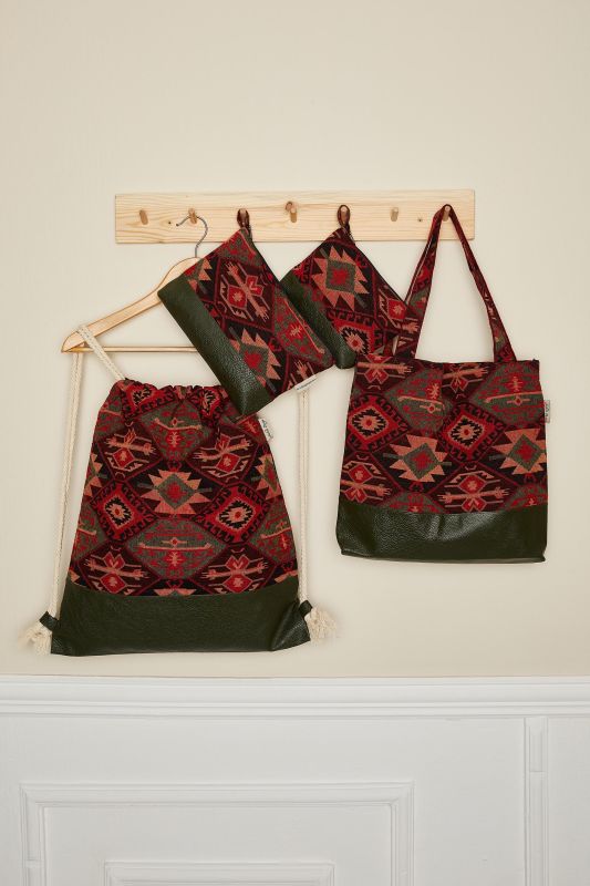 İki Renkli Desenli  Günlük Çanta,CK-1A Kilim 1 Desen - Petrol Yeşili - 5