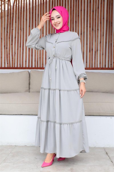 SGS - İşleme Detaylı Tesettür Elbise GRİ