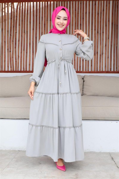 İşleme Detaylı Tesettür Elbise GRİ - Thumbnail