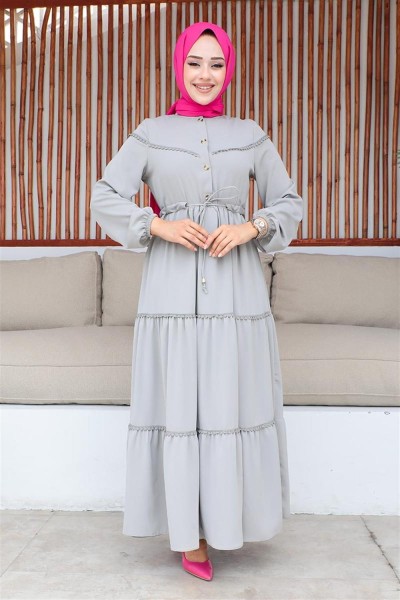 İşleme Detaylı Tesettür Elbise GRİ - Thumbnail