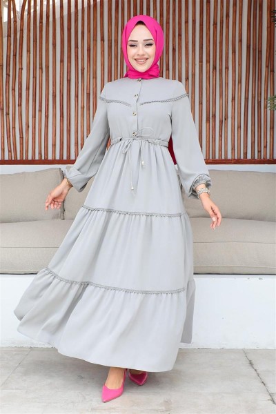 İşleme Detaylı Tesettür Elbise GRİ - Thumbnail