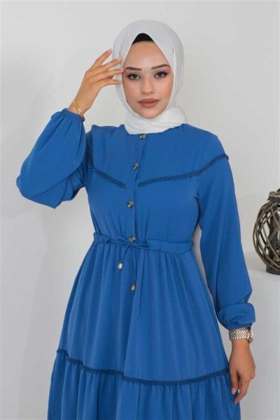 İşleme Detaylı Tesettür Elbise İNDİGO - Thumbnail