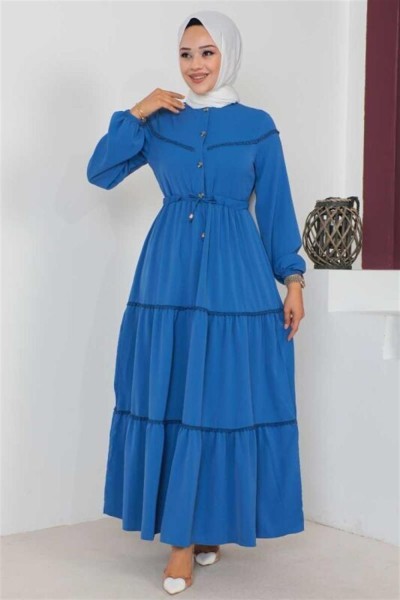 İşleme Detaylı Tesettür Elbise İNDİGO - Thumbnail