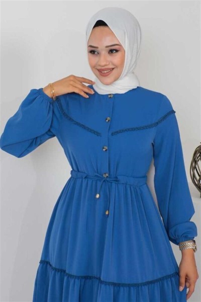 İşleme Detaylı Tesettür Elbise İNDİGO - Thumbnail