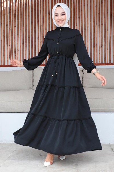 SGS - İşleme Detaylı Tesettür Elbise SİYAH