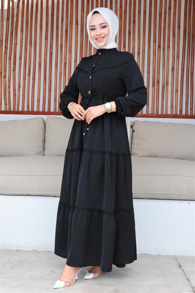 İşleme Detaylı Tesettür Elbise SİYAH - Thumbnail