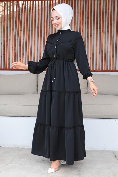 İşleme Detaylı Tesettür Elbise SİYAH - Thumbnail