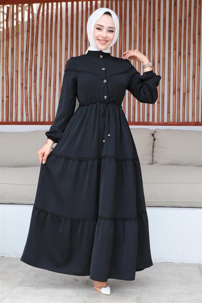 İşleme Detaylı Tesettür Elbise SİYAH - Thumbnail