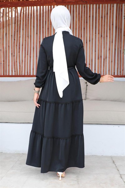 İşleme Detaylı Tesettür Elbise SİYAH - Thumbnail