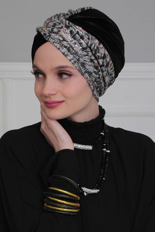 Kadife Bone,B-9KP Gri Kahve Pullu-Siyah - 1