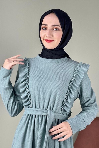 Kadife Fırfırlı Elbise ÇAĞLA YEŞİLİ - Thumbnail