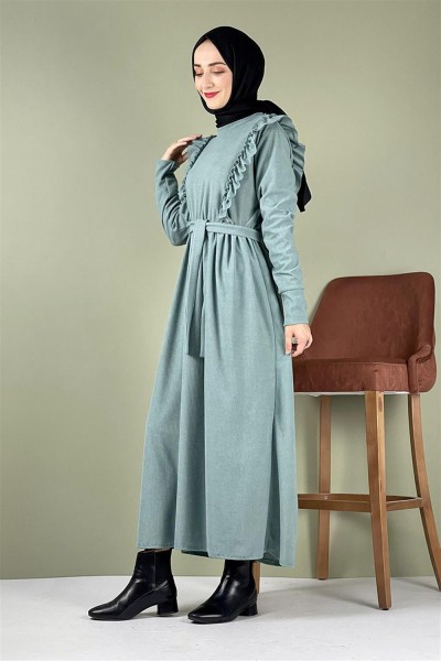 Kadife Fırfırlı Elbise ÇAĞLA YEŞİLİ - Thumbnail