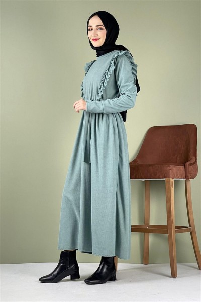 Kadife Fırfırlı Elbise ÇAĞLA YEŞİLİ - Thumbnail