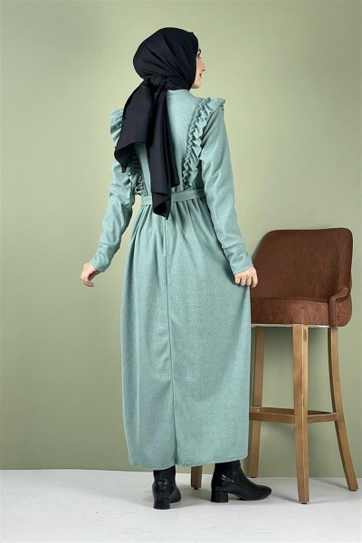 Kadife Fırfırlı Elbise ÇAĞLA YEŞİLİ - Thumbnail