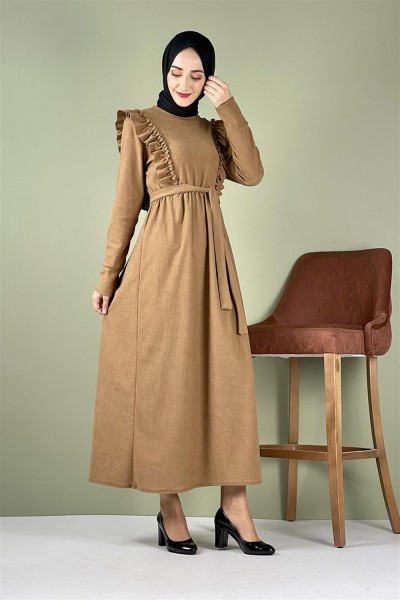 END - Kadife Fırfırlı Elbise CAMEL