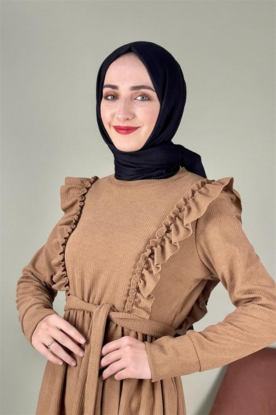 Kadife Fırfırlı Elbise CAMEL - Thumbnail