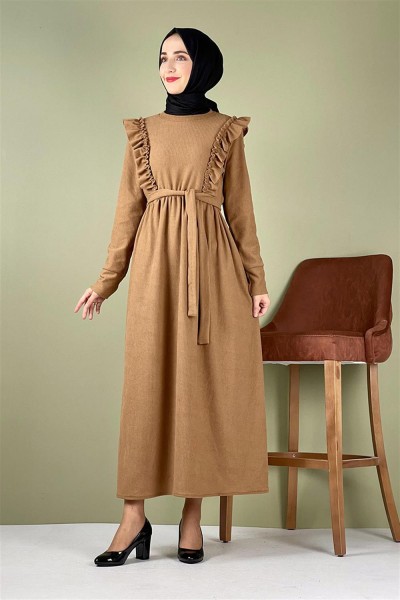 Kadife Fırfırlı Elbise CAMEL - Thumbnail