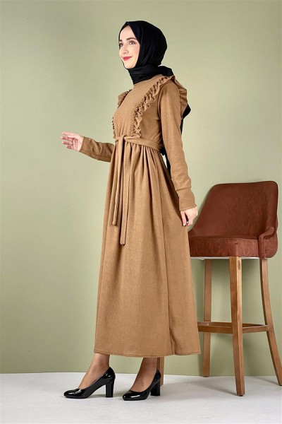 Kadife Fırfırlı Elbise CAMEL - Thumbnail