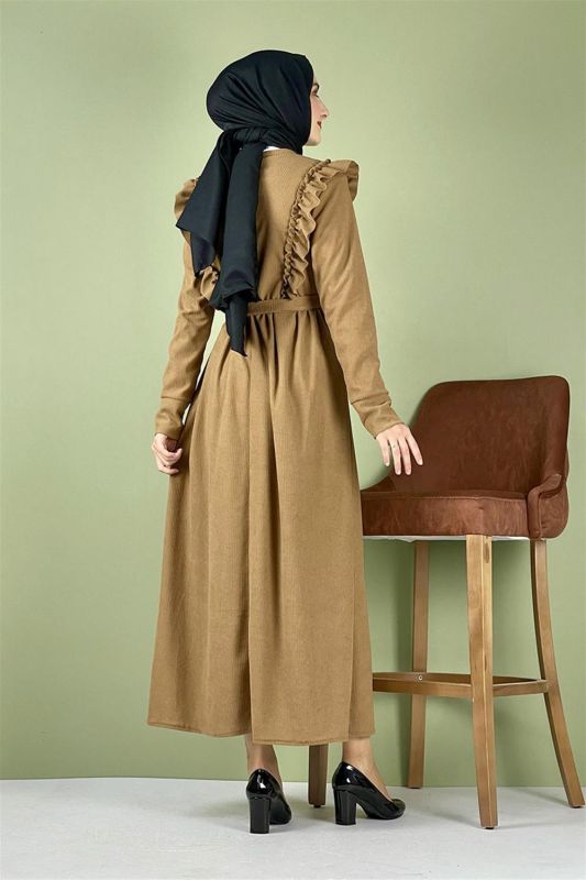 Kadife Fırfırlı Elbise CAMEL - 5