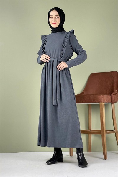 END - Kadife Fırfırlı Elbise GRİ