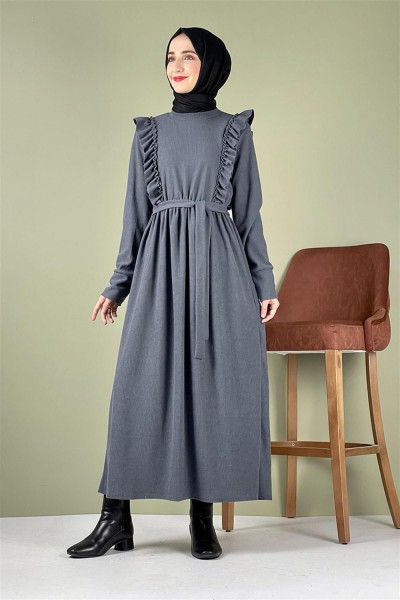 Kadife Fırfırlı Elbise GRİ - Thumbnail