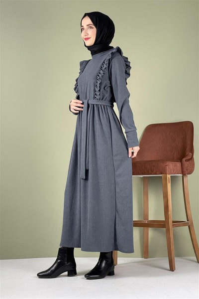 Kadife Fırfırlı Elbise GRİ - Thumbnail