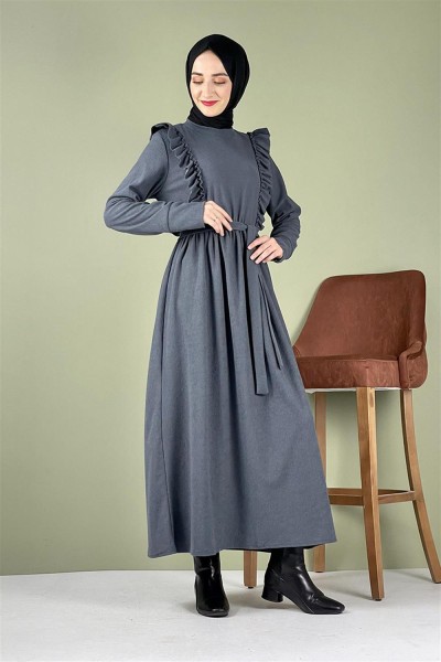 Kadife Fırfırlı Elbise GRİ - Thumbnail