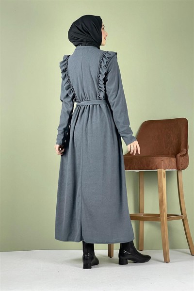 Kadife Fırfırlı Elbise GRİ - Thumbnail