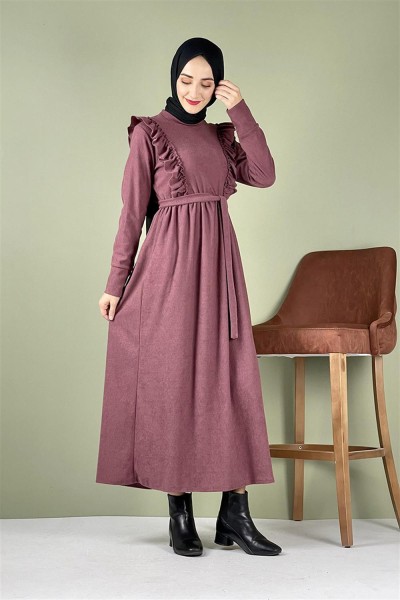 END - Kadife Fırfırlı Elbise GÜL KURUSU