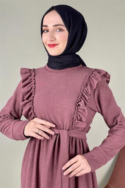 Kadife Fırfırlı Elbise GÜL KURUSU - Thumbnail