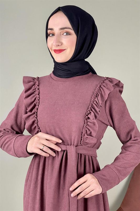 Kadife Fırfırlı Elbise GÜL KURUSU - 2