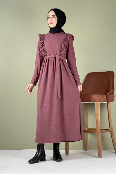 Kadife Fırfırlı Elbise GÜL KURUSU - Thumbnail