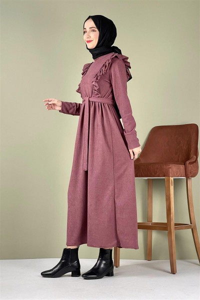 Kadife Fırfırlı Elbise GÜL KURUSU - Thumbnail