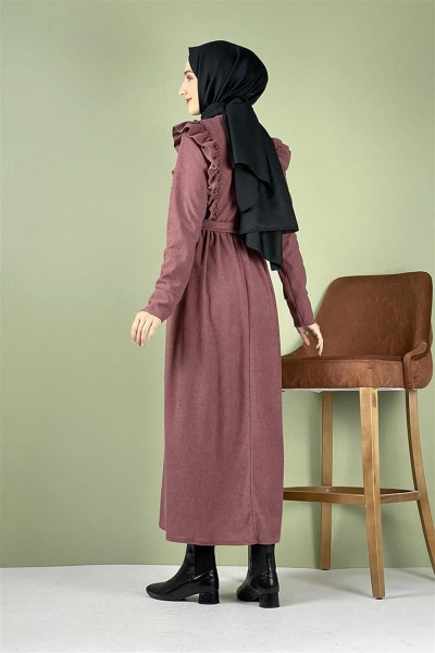 Kadife Fırfırlı Elbise GÜL KURUSU - Thumbnail