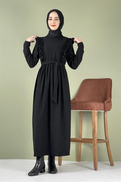 END - Kadife Fırfırlı Elbise SİYAH