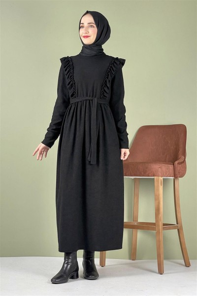 Kadife Fırfırlı Elbise SİYAH - Thumbnail