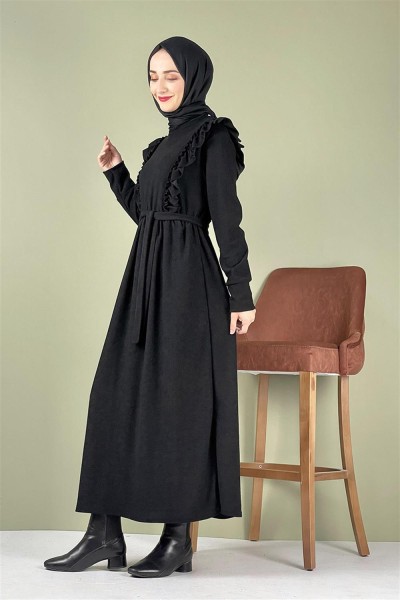 Kadife Fırfırlı Elbise SİYAH - Thumbnail