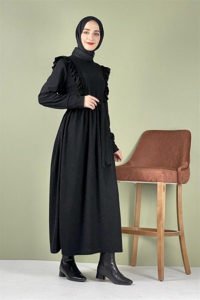 Kadife Fırfırlı Elbise SİYAH - Thumbnail