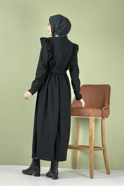 Kadife Fırfırlı Elbise SİYAH - Thumbnail